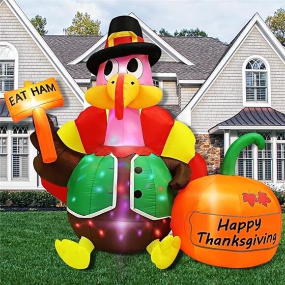 6FT Inflatable Turkey Blow Up with Built-in Colorful LED Rotating Lights - Picture 7 of 12